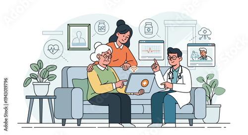 Elderly woman and caregiver consulting with a doctor via laptop, surrounded by digital health icons, illustrating telemedicine and remote healthcare.