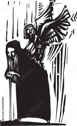 Woodcut style image of an angel emerging from an old man's back as if it were a Chrysalis