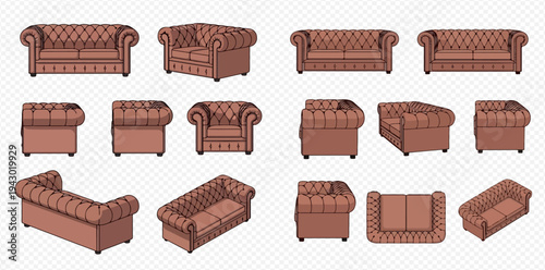 Set of brown leather Chesterfield sofas and armchairs in various angles and perspectives.