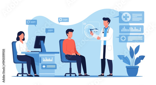 Doctor consulting with patients in a modern medical office with digital displays and charts.