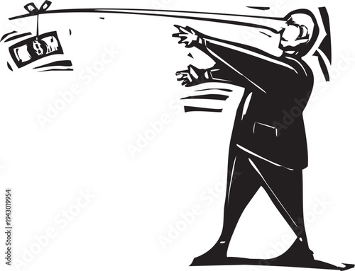 Woodcut style image of a banker with a long sharp nose Following a Dollar