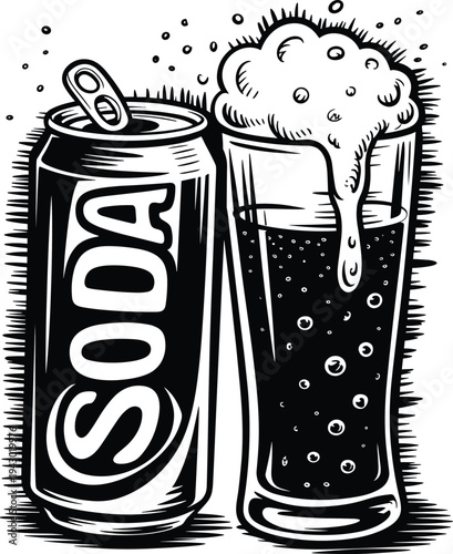 Vintage soda can and fizzy drink glass engraving illustration with foam bubbles, retro beverage vector design for soft drink branding, packaging and bar menu