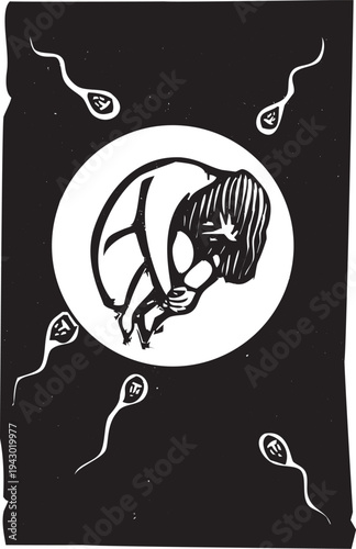 Woodcut style image of conception with a woman inside of an egg and male faced sperm