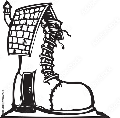 Woodcut style fairy tale house that is made from a shoe 