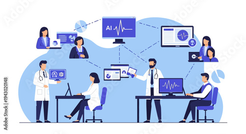 Illustration of healthcare professionals collaborating using advanced technology and AI for patient care and medical research.