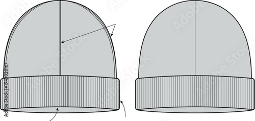 Knitted winter beanie hat front and back view with stitching details technical fashion template for clothing design