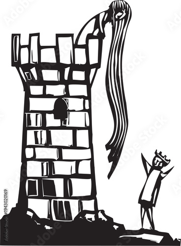 Woodcut style image of Rapunzel's Tower with a prince down below