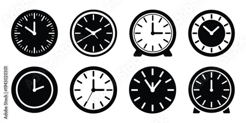 Clock silhouette icon pack, business time management vector symbols including wall clocks, timers, and schedule graphics for productivity, planning, corporate workflow, and office design projects.