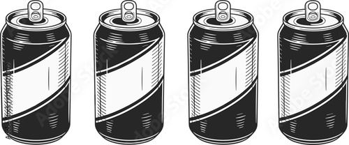 Vintage soda can engraving style illustration set with aluminum beverage cans and blank label area, retro drink container vector for packaging, branding and refreshment design