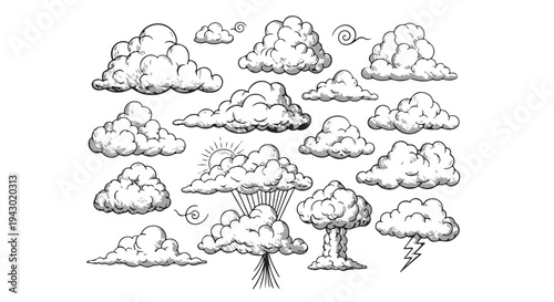 Set of Hand Drawn Clouds with Sun, Rain, Lightning, and Mushroom Cloud, isolated PNG with Transparent Background