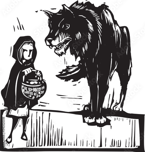 Woodcut style image of little red riding hood and the big bad wolf