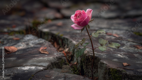 A small pink flower growing through a crack in a wet and mossy stone pavement with fallen leaves