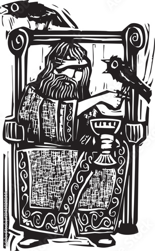 Woodcut style image of Odin on Throne with his two ravens