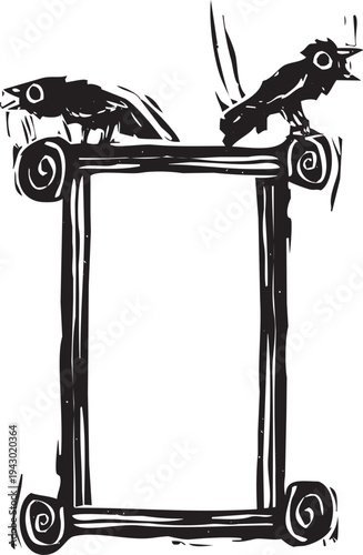 Woodcut style image of crows sitting on a box frame