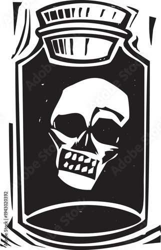 Woodcut style image of a human skull in a jar