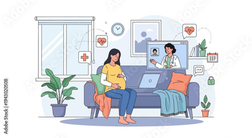Pregnant woman having a virtual doctor's appointment on her laptop at home, discussing her health with a physician via video call.