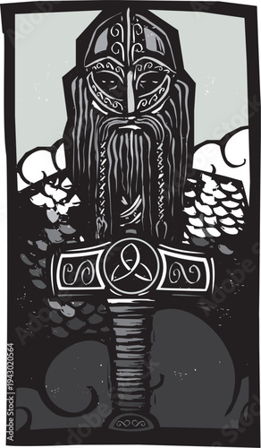 Woodcut style image of the norse god Thor and his hammer Mjolnir