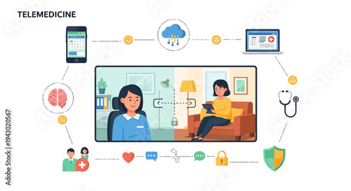 Telemedicine concept illustration showing a virtual doctor-patient consultation via video call with connected digital health services and data.