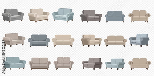 Collection of various modern and classic sofas, couches, and armchairs in different styles and colors, isolated on a transparent background.