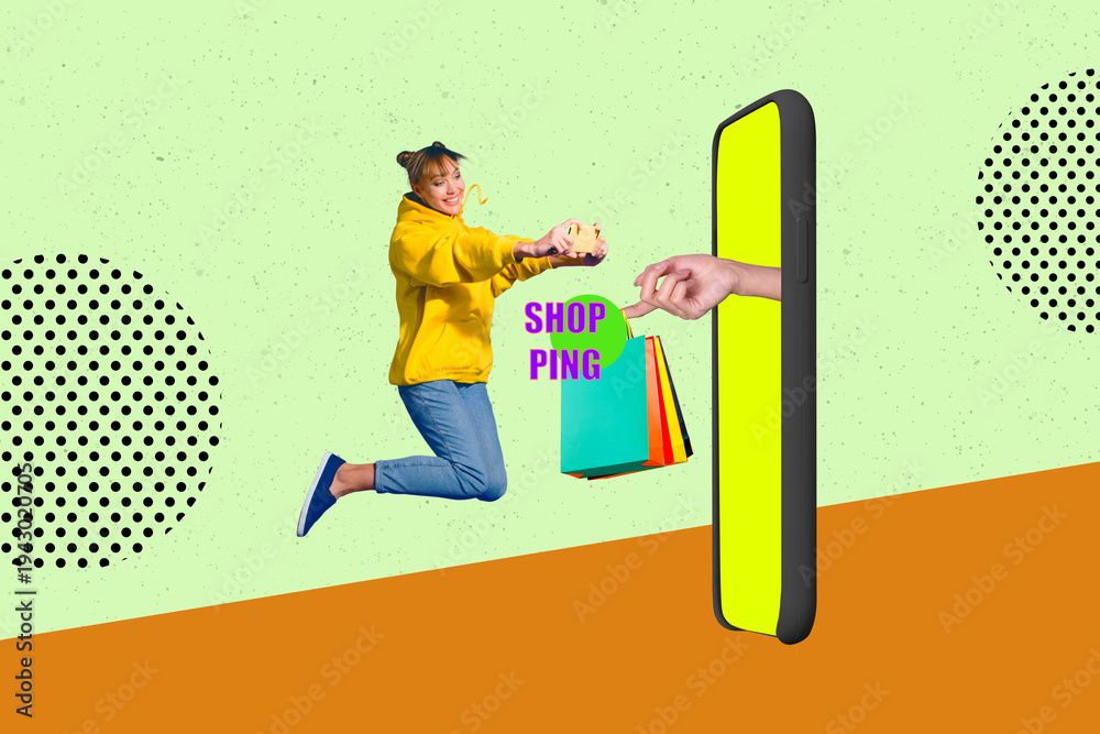 Fototapeta premium 3d poster image full pop art collage of happy girl guy stand phone deice hand peek hold packages consumerism addiction bargain