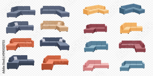 Set of modern sectional sofas and couches in various colors and configurations for home interior design.