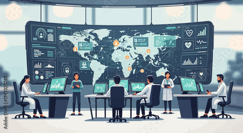 A team of scientists in a modern control room monitors a global health crisis on a large world map display.