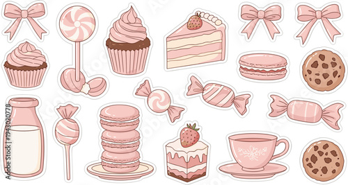 Pink sweet treats flat lay with milk bottle and cup in soft pastel colors for bakery advertising