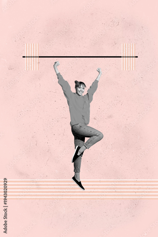 Fototapeta premium Vertical sketch image photo collage of happy girl guy hold dumbbell pump gym sportive lifestyle weightlifting doodle health