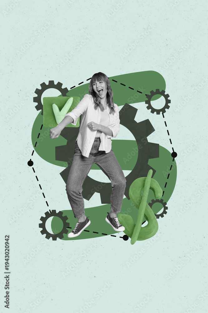 Obraz premium Image 3d zine vertical collage of happy businesswoman dance dollar currency income gearwheel settings success development