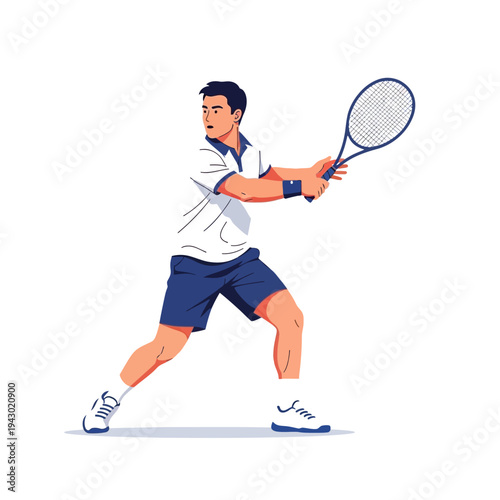 Illustration of a male tennis player in action, swinging a racket with a focused expression, wearing athletic attire, against a clean white background with a dynamic and energetic mood.