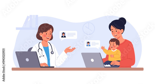A female doctor consults with a mother and her baby via video call on laptops, discussing health and well-being.