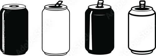 Aluminum soda can silhouette and outline icon set with pull tab top, beverage container vector collection isolated for drink packaging, branding and refreshment design