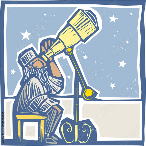 Woodcut style image of a middle eastern astronomer at night