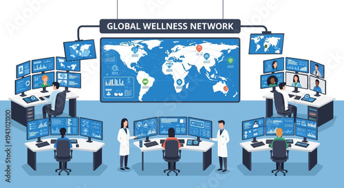 Global Wellness Network Control Center with Multiple Monitors Displaying World Map and Data.