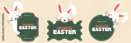 Special offer a collection of Easter bunny badges. Spring promotional elements isolated