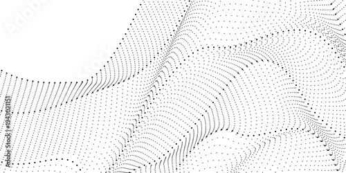 Simple waves with continuous wavy dot lines. Hand-drawn lines, fine patterns, web design, greeting cards, textiles, technology backgrounds.