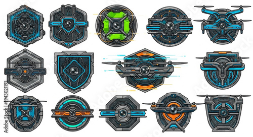 Futuristic Sci Fi Emblem Icons Set Collection.