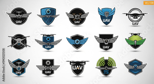 Collection of drone emblems and logos for UAV technology.