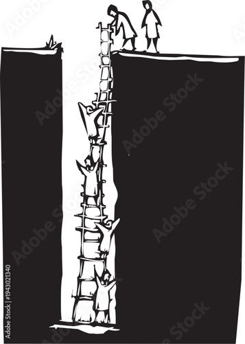 Woodcut style image of people  Climbing out of a Hole