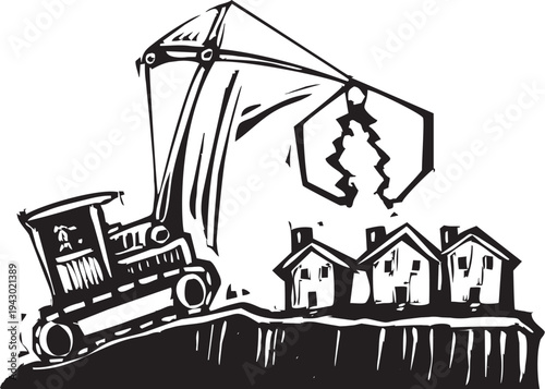 Woodcut style image of a crane getting ready to knock down a group of houses