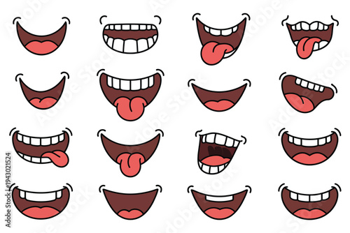 Cartoon Mouth Illustrations with Diverse Expressions, Laughter, Surprise, Sadness, Smiling, Frowning, Ideal for Animation, Character Design, Vector Artwork.