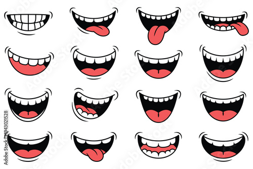 Cartoon Mouth Illustrations with Diverse Expressions, Laughter, Surprise, Sadness, Smiling, Frowning, Ideal for Animation, Character Design, Vector Artwork.