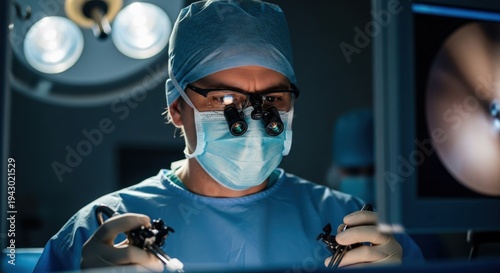 A focused surgeon wearing a mask and specialized magnifying glasses during an operation.
