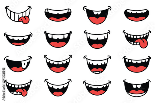 Cartoon Mouth Illustrations with Diverse Expressions, Laughter, Surprise, Sadness, Smiling, Frowning, Ideal for Animation, Character Design, Vector Artwork.