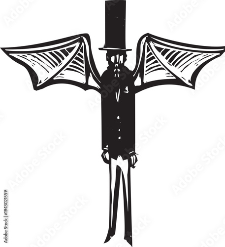 Woodcut style winged demon in a top hat