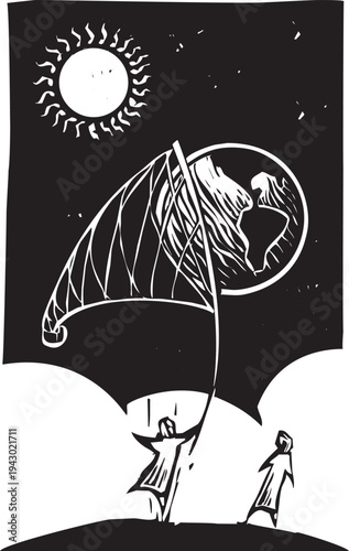 Woodcut style image of a person catching the earth in a butterfly net