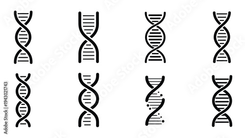 DNA strand vector icon collection, minimal silhouette helix symbols representing genetics, molecular biology, biotechnology research, medical science, laboratory study, and educational illustration 