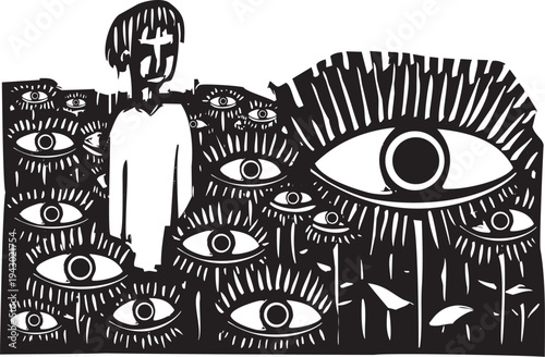 Awoodcut style image of a boy standing in a field of flowers with eyes on the stems.