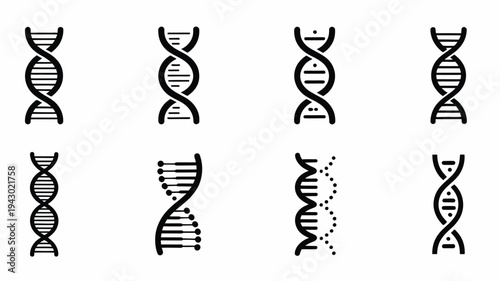 DNA strand minimal silhouette vector icon set, genetic helix symbols for science, biology, genetics research, medical education, laboratory projects, and biotechnology themed design applications.