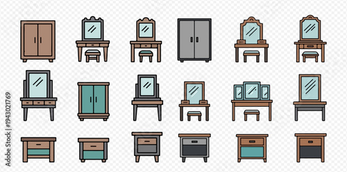 Set of pixel art furniture icons including wardrobes, dressing tables, and nightstands, showcasing various designs for home interiors.